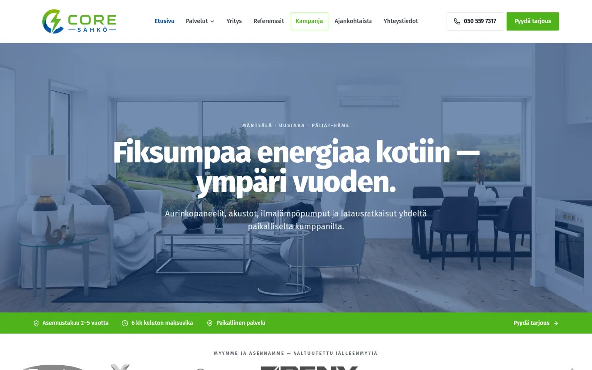 Core Sähkö Oy – verkkosivuston kuvakaappaus